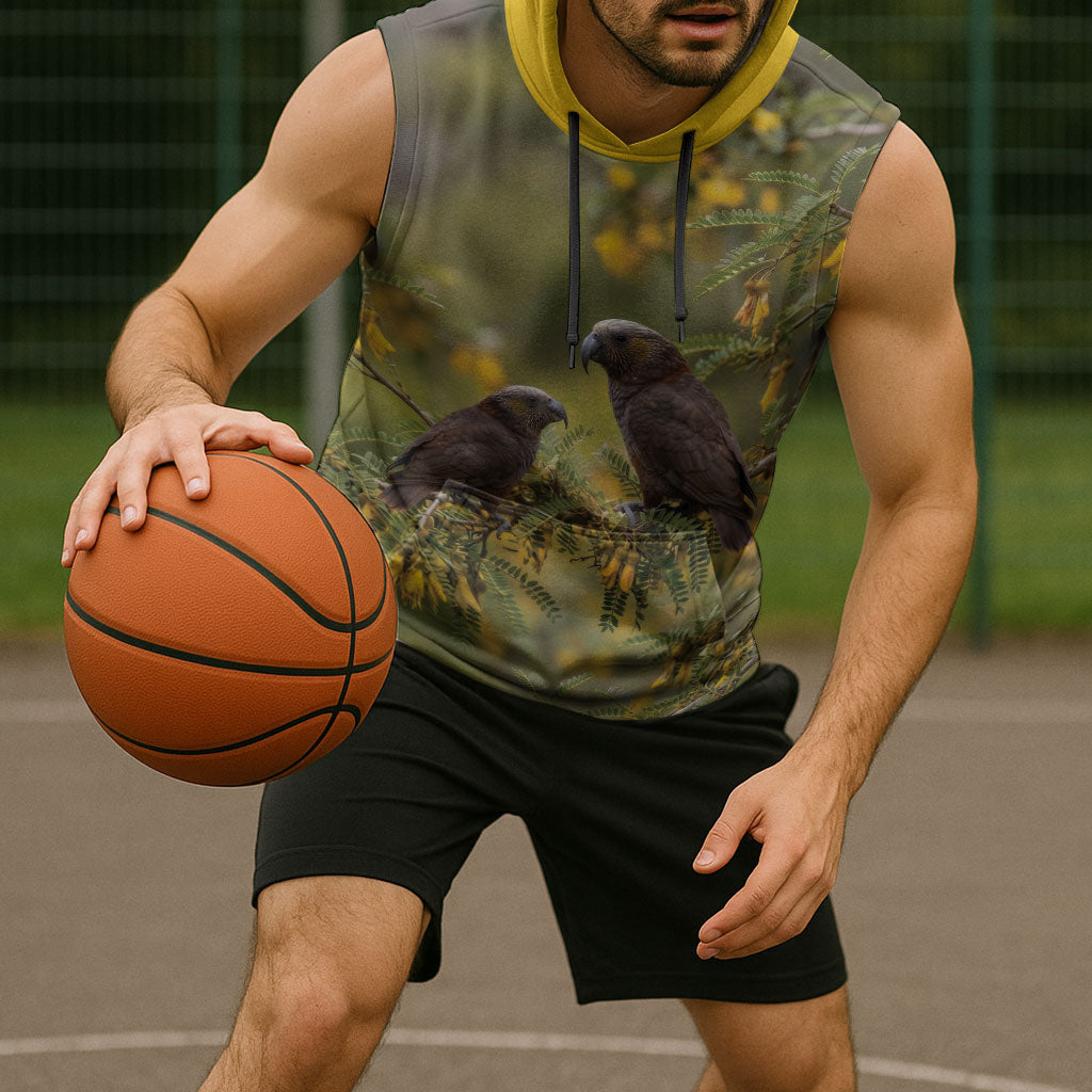 New Zealand Kaka Bird Sleeveless Hoodie Kowhai Flower Landscape Style