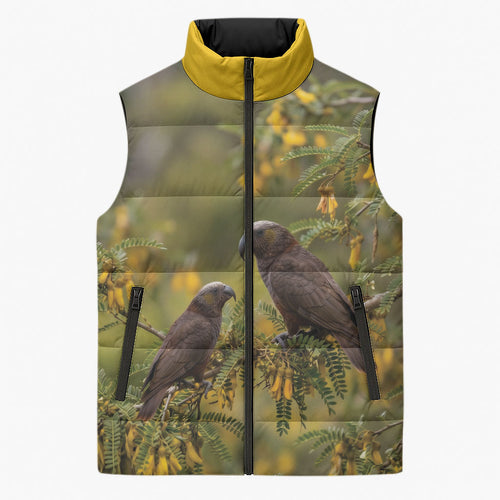 New Zealand Kaka Bird Sleeveless Puffer Jacket Kowhai Flower Landscape Style