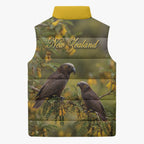 New Zealand Kaka Bird Sleeveless Puffer Jacket Kowhai Flower Landscape Style