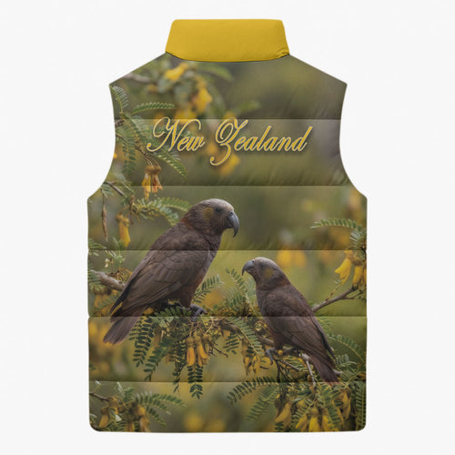 New Zealand Kaka Bird Sleeveless Puffer Jacket Kowhai Flower Landscape Style