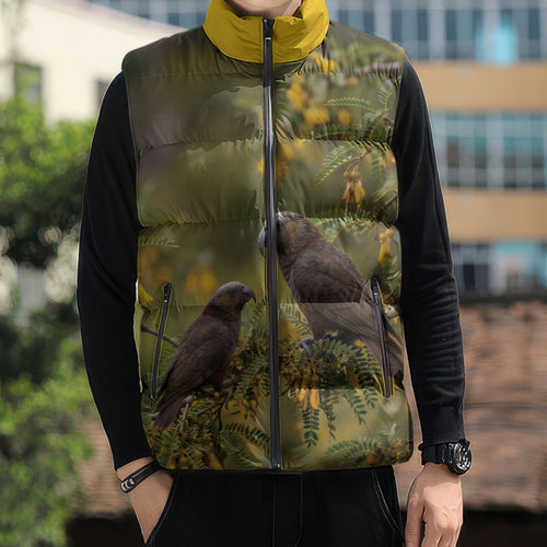 New Zealand Kaka Bird Sleeveless Puffer Jacket Kowhai Flower Landscape Style
