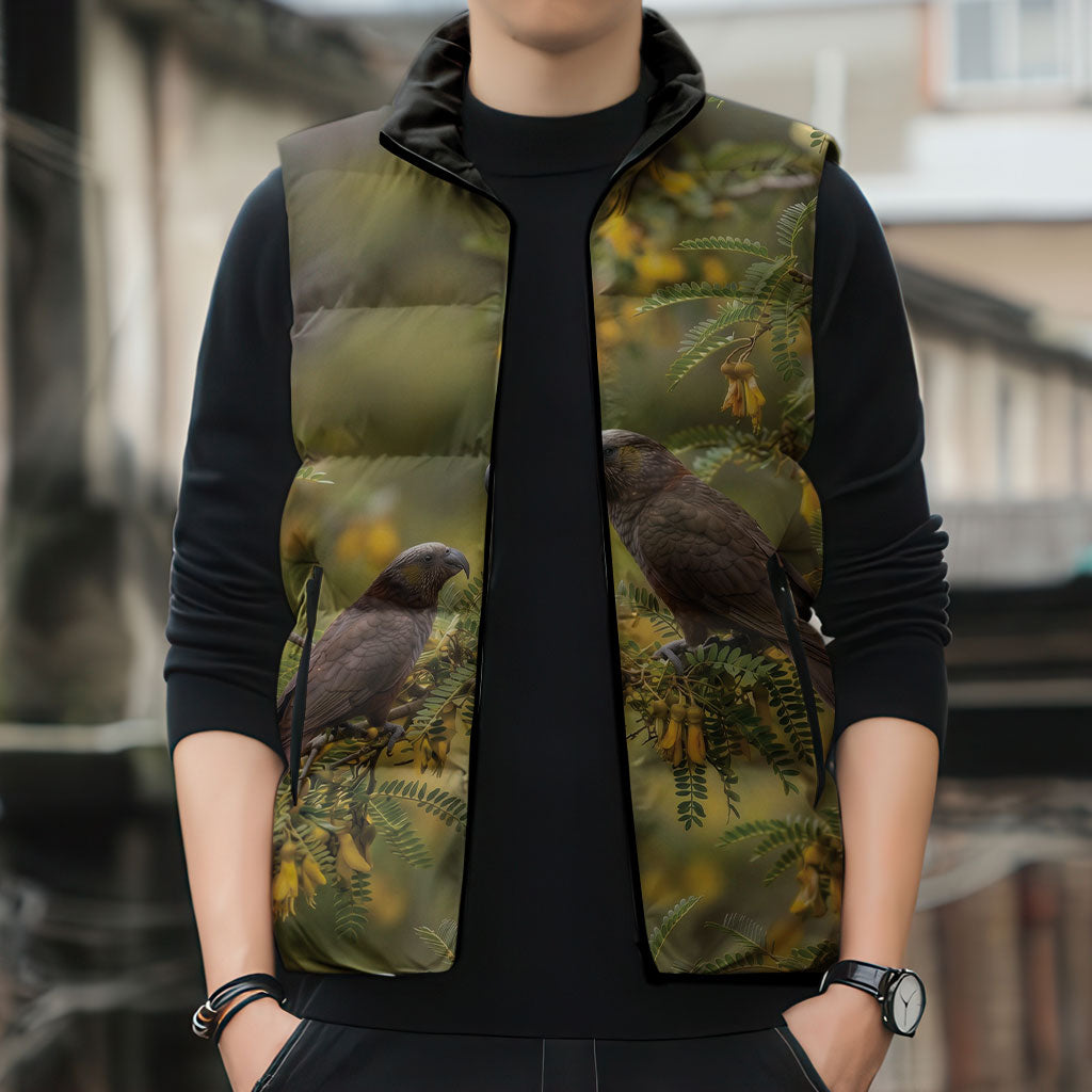 New Zealand Kaka Bird Sleeveless Puffer Jacket Kowhai Flower Landscape Style