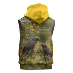 New Zealand Kaka Bird Sleeveless Zip Hoodie Kowhai Flower Landscape Style