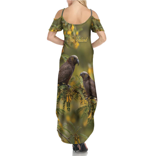 New Zealand Kaka Bird Summer Maxi Dress Kowhai Flower Landscape Style