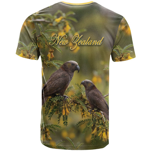 New Zealand Kaka Bird T Shirt Kowhai Flower Landscape Style