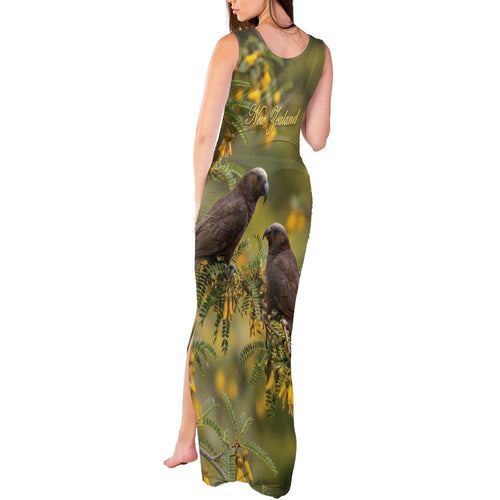 New Zealand Kaka Bird Tank Maxi Dress Kowhai Flower Landscape Style