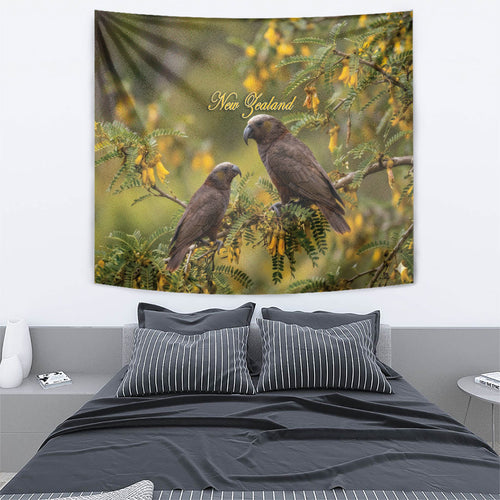 New Zealand Kaka Bird Tapestry Kowhai Flower Landscape Style