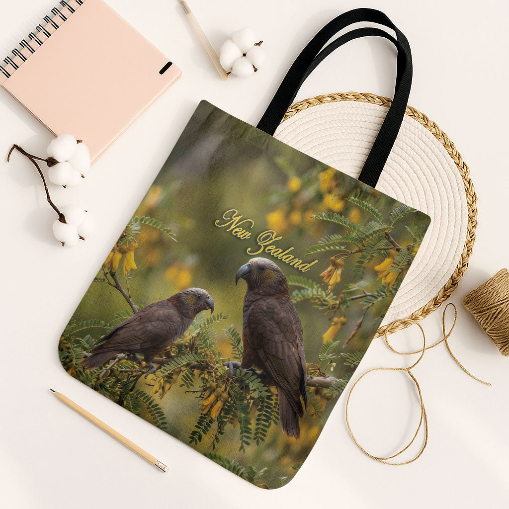 New Zealand Kaka Bird Tote Bag Kowhai Flower Landscape Style