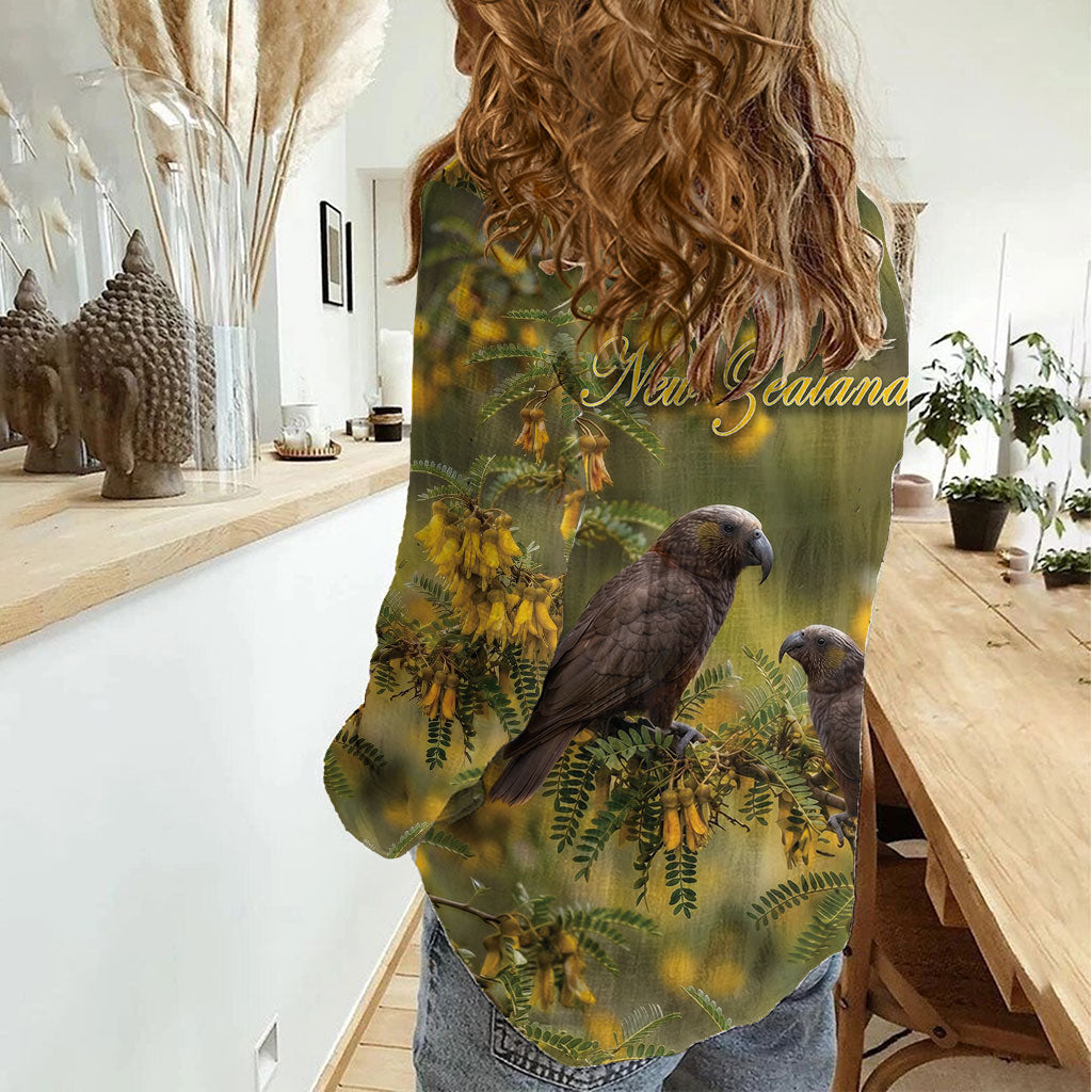 New Zealand Kaka Bird Women Casual Shirt Kowhai Flower Landscape Style