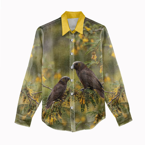 New Zealand Kaka Bird Women Casual Shirt Kowhai Flower Landscape Style