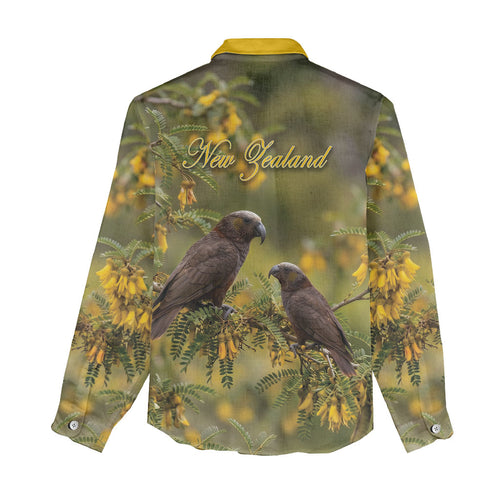 New Zealand Kaka Bird Women Casual Shirt Kowhai Flower Landscape Style
