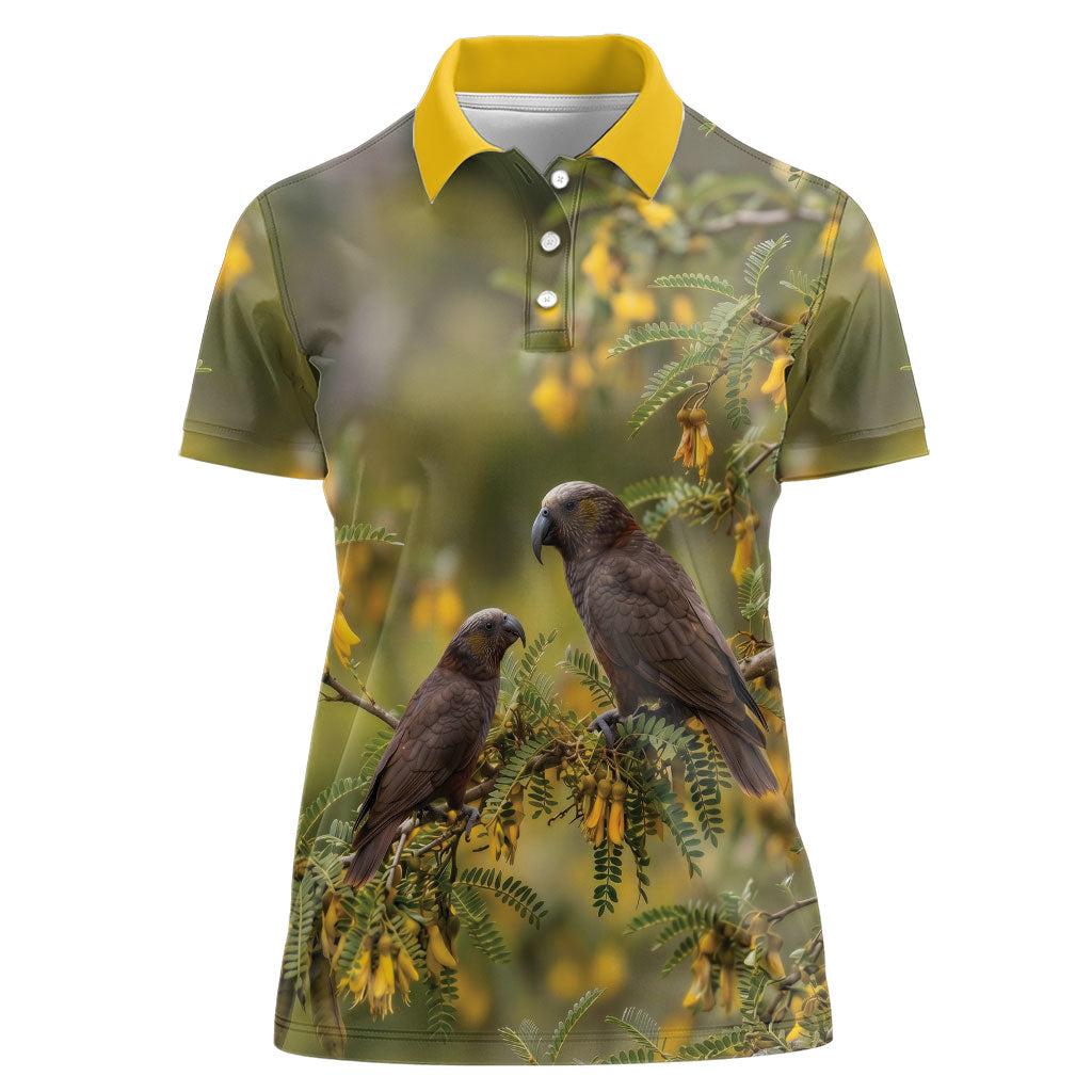 New Zealand Kaka Bird Women Polo Shirt Kowhai Flower Landscape Style