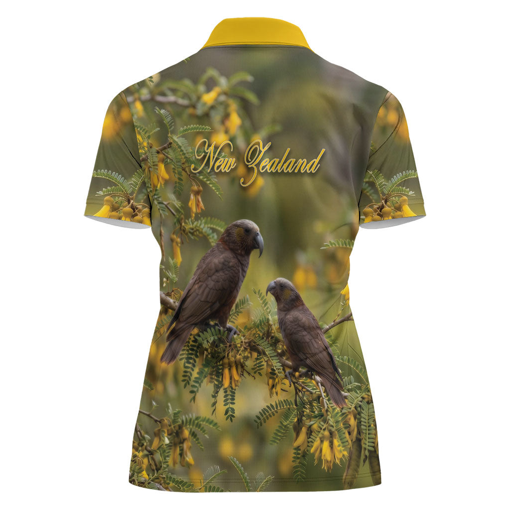 New Zealand Kaka Bird Women Polo Shirt Kowhai Flower Landscape Style