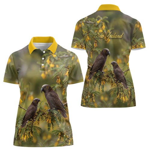 New Zealand Kaka Bird Women Polo Shirt Kowhai Flower Landscape Style