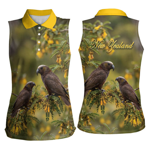 New Zealand Kaka Bird Women Sleeveless Polo Shirt Kowhai Flower Landscape Style