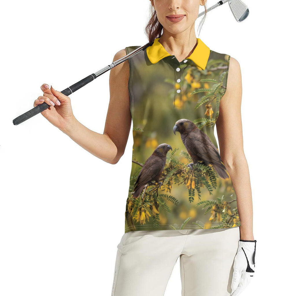 New Zealand Kaka Bird Women Sleeveless Polo Shirt Kowhai Flower Landscape Style