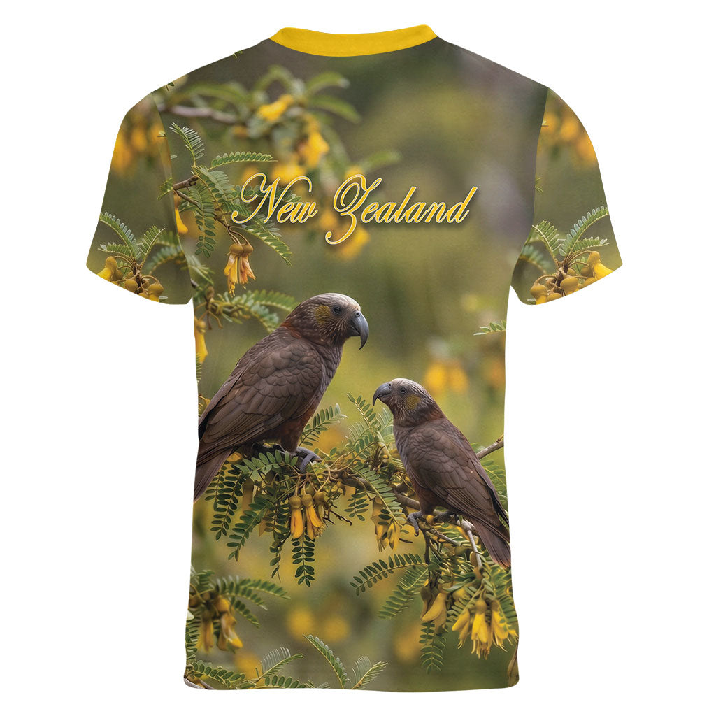 New Zealand Kaka Bird Women V-Neck T-Shirt Kowhai Flower Landscape Style