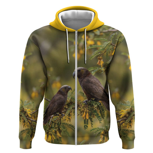 New Zealand Kaka Bird Zip Hoodie Kowhai Flower Landscape Style
