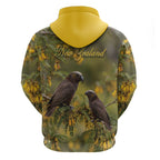 New Zealand Kaka Bird Zip Hoodie Kowhai Flower Landscape Style