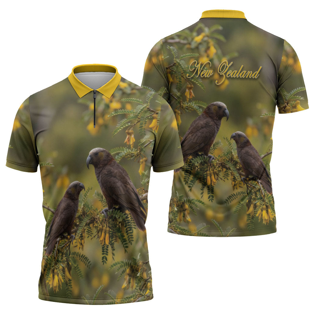 New Zealand Kaka Bird Zipper Polo Shirt Kowhai Flower Landscape Style