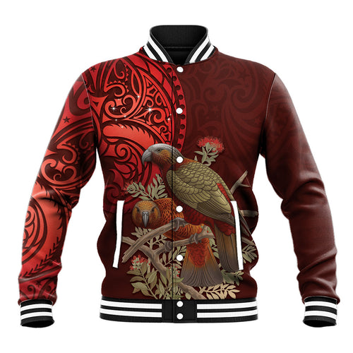 New Zealand Kaka Bird Personalised Baseball Jacket Pohutukawa Matariki Maori Pattern