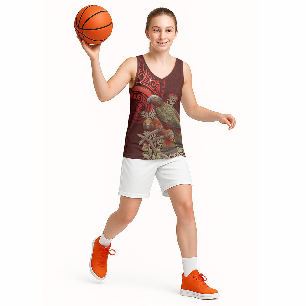 New Zealand Kaka Bird Personalised Basketball Jersey Pohutukawa Matariki Maori Pattern