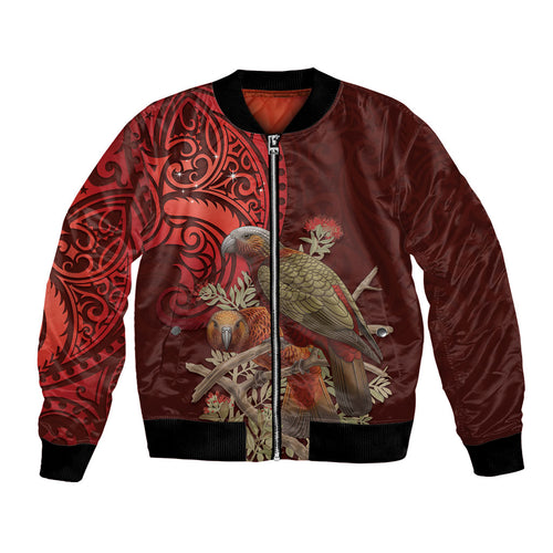 New Zealand Kaka Bird Personalised Bomber Jacket Pohutukawa Matariki Maori Pattern