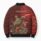 New Zealand Kaka Bird Personalised Bomber Puffer Jacket Pohutukawa Matariki Maori Pattern