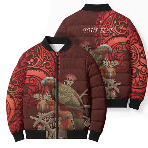 New Zealand Kaka Bird Personalised Bomber Puffer Jacket Pohutukawa Matariki Maori Pattern