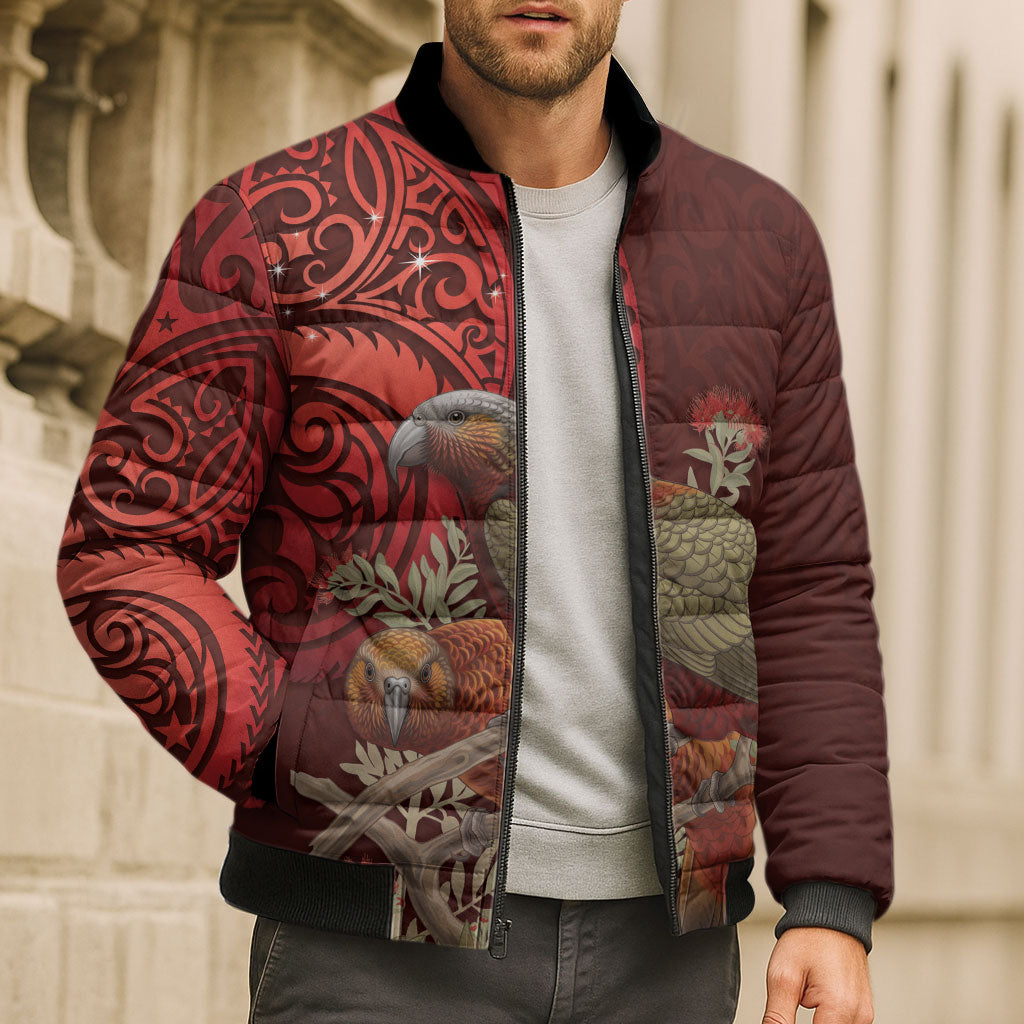 New Zealand Kaka Bird Personalised Bomber Puffer Jacket Pohutukawa Matariki Maori Pattern