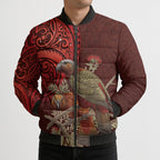 New Zealand Kaka Bird Personalised Bomber Puffer Jacket Pohutukawa Matariki Maori Pattern
