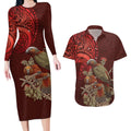 New Zealand Kaka Bird Personalised Couples Matching Long Sleeve Bodycon Dress and Hawaiian Shirt Pohutukawa Matariki Maori Pattern