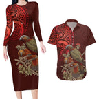 New Zealand Kaka Bird Personalised Couples Matching Long Sleeve Bodycon Dress and Hawaiian Shirt Pohutukawa Matariki Maori Pattern