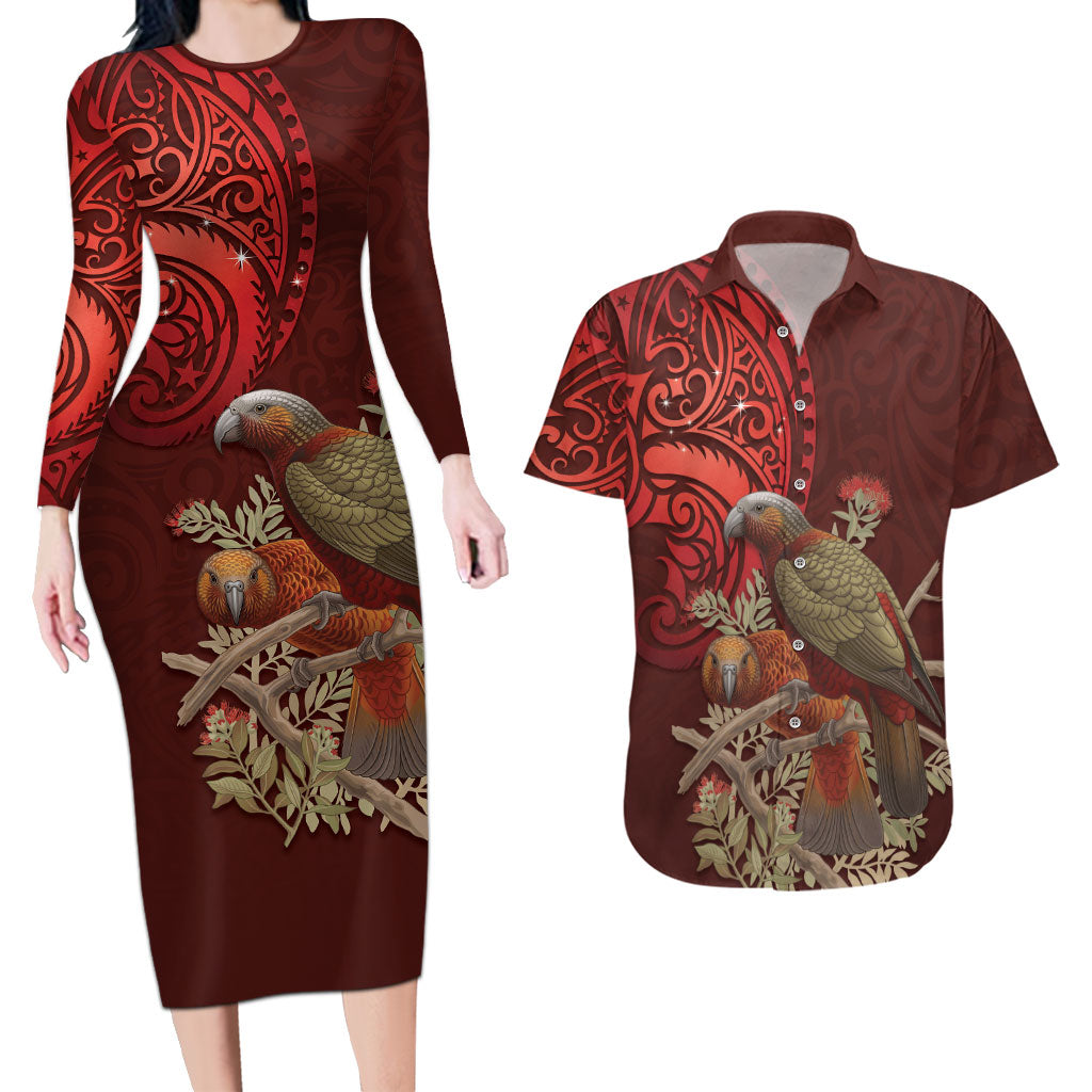 New Zealand Kaka Bird Personalised Couples Matching Long Sleeve Bodycon Dress and Hawaiian Shirt Pohutukawa Matariki Maori Pattern