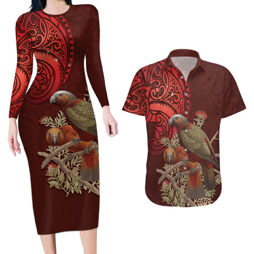 New Zealand Kaka Bird Personalised Couples Matching Long Sleeve Bodycon Dress and Hawaiian Shirt Pohutukawa Matariki Maori Pattern