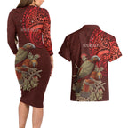 New Zealand Kaka Bird Personalised Couples Matching Long Sleeve Bodycon Dress and Hawaiian Shirt Pohutukawa Matariki Maori Pattern