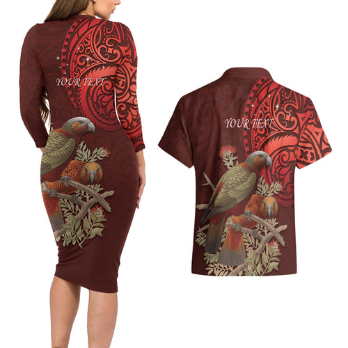 New Zealand Kaka Bird Personalised Couples Matching Long Sleeve Bodycon Dress and Hawaiian Shirt Pohutukawa Matariki Maori Pattern