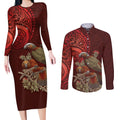 New Zealand Kaka Bird Personalised Couples Matching Long Sleeve Bodycon Dress and Long Sleeve Button Shirt Pohutukawa Matariki Maori Pattern