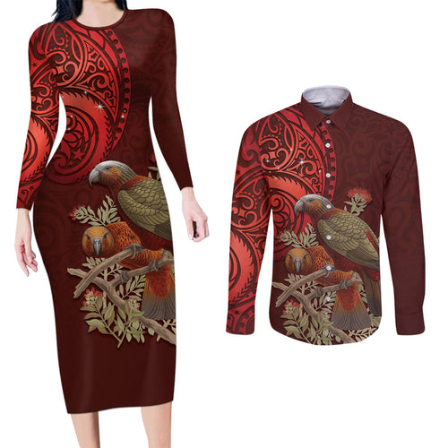 New Zealand Kaka Bird Personalised Couples Matching Long Sleeve Bodycon Dress and Long Sleeve Button Shirt Pohutukawa Matariki Maori Pattern
