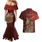 New Zealand Kaka Bird Personalised Couples Matching Mermaid Dress and Hawaiian Shirt Pohutukawa Matariki Maori Pattern