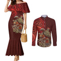 New Zealand Kaka Bird Personalised Couples Matching Mermaid Dress and Long Sleeve Button Shirt Pohutukawa Matariki Maori Pattern