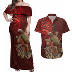 New Zealand Kaka Bird Personalised Couples Matching Off Shoulder Maxi Dress and Hawaiian Shirt Pohutukawa Matariki Maori Pattern
