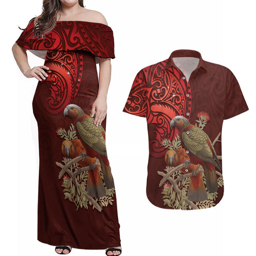 New Zealand Kaka Bird Personalised Couples Matching Off Shoulder Maxi Dress and Hawaiian Shirt Pohutukawa Matariki Maori Pattern