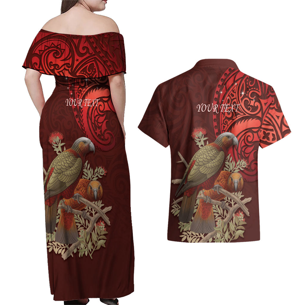 New Zealand Kaka Bird Personalised Couples Matching Off Shoulder Maxi Dress and Hawaiian Shirt Pohutukawa Matariki Maori Pattern