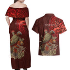 New Zealand Kaka Bird Personalised Couples Matching Off Shoulder Maxi Dress and Hawaiian Shirt Pohutukawa Matariki Maori Pattern
