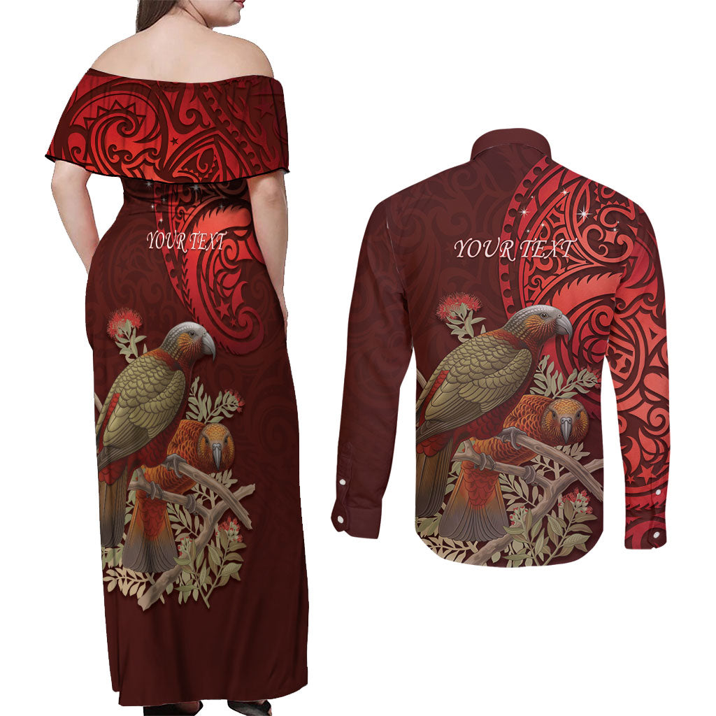 New Zealand Kaka Bird Personalised Couples Matching Off Shoulder Maxi Dress and Long Sleeve Button Shirt Pohutukawa Matariki Maori Pattern