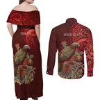 New Zealand Kaka Bird Personalised Couples Matching Off Shoulder Maxi Dress and Long Sleeve Button Shirt Pohutukawa Matariki Maori Pattern
