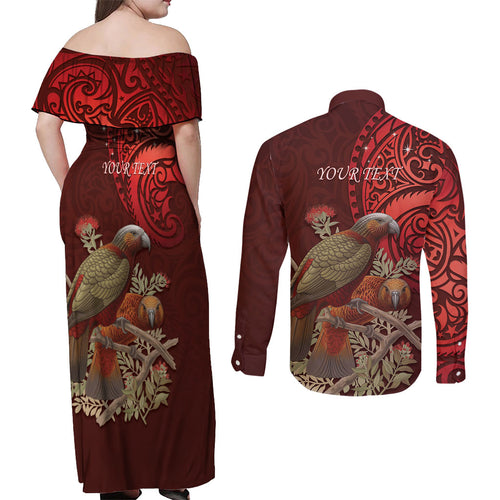 New Zealand Kaka Bird Personalised Couples Matching Off Shoulder Maxi Dress and Long Sleeve Button Shirt Pohutukawa Matariki Maori Pattern
