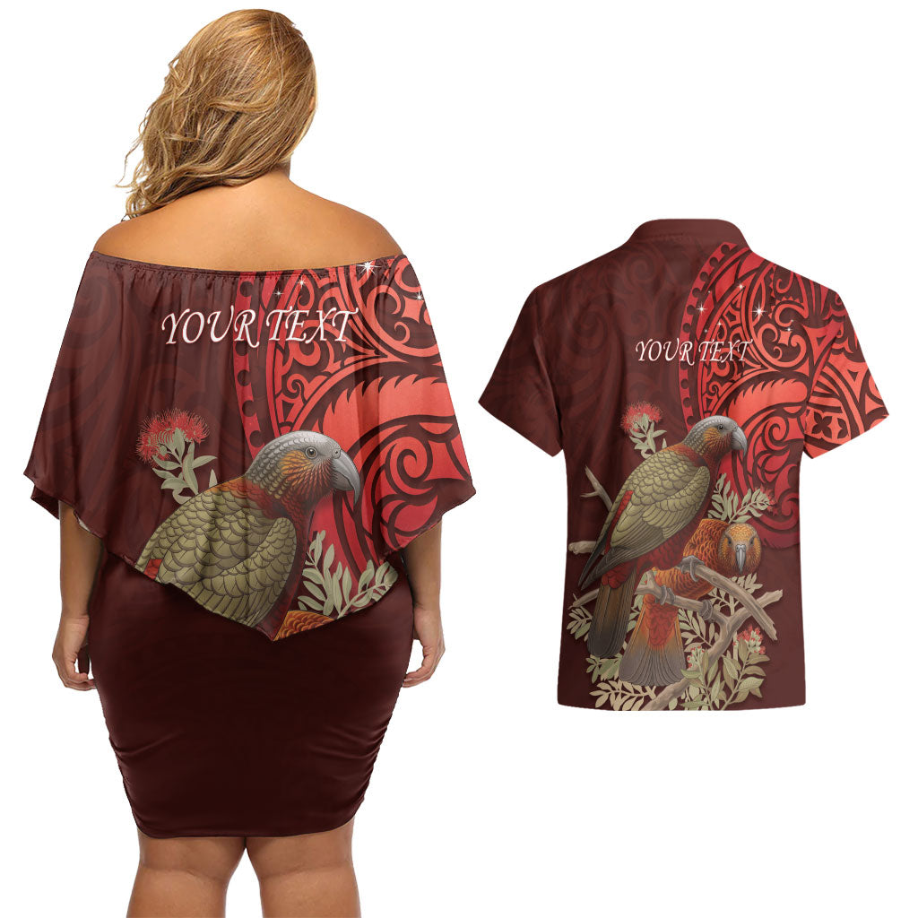 New Zealand Kaka Bird Personalised Couples Matching Off Shoulder Short Dress and Hawaiian Shirt Pohutukawa Matariki Maori Pattern