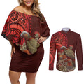 New Zealand Kaka Bird Personalised Couples Matching Off Shoulder Short Dress and Long Sleeve Button Shirt Pohutukawa Matariki Maori Pattern